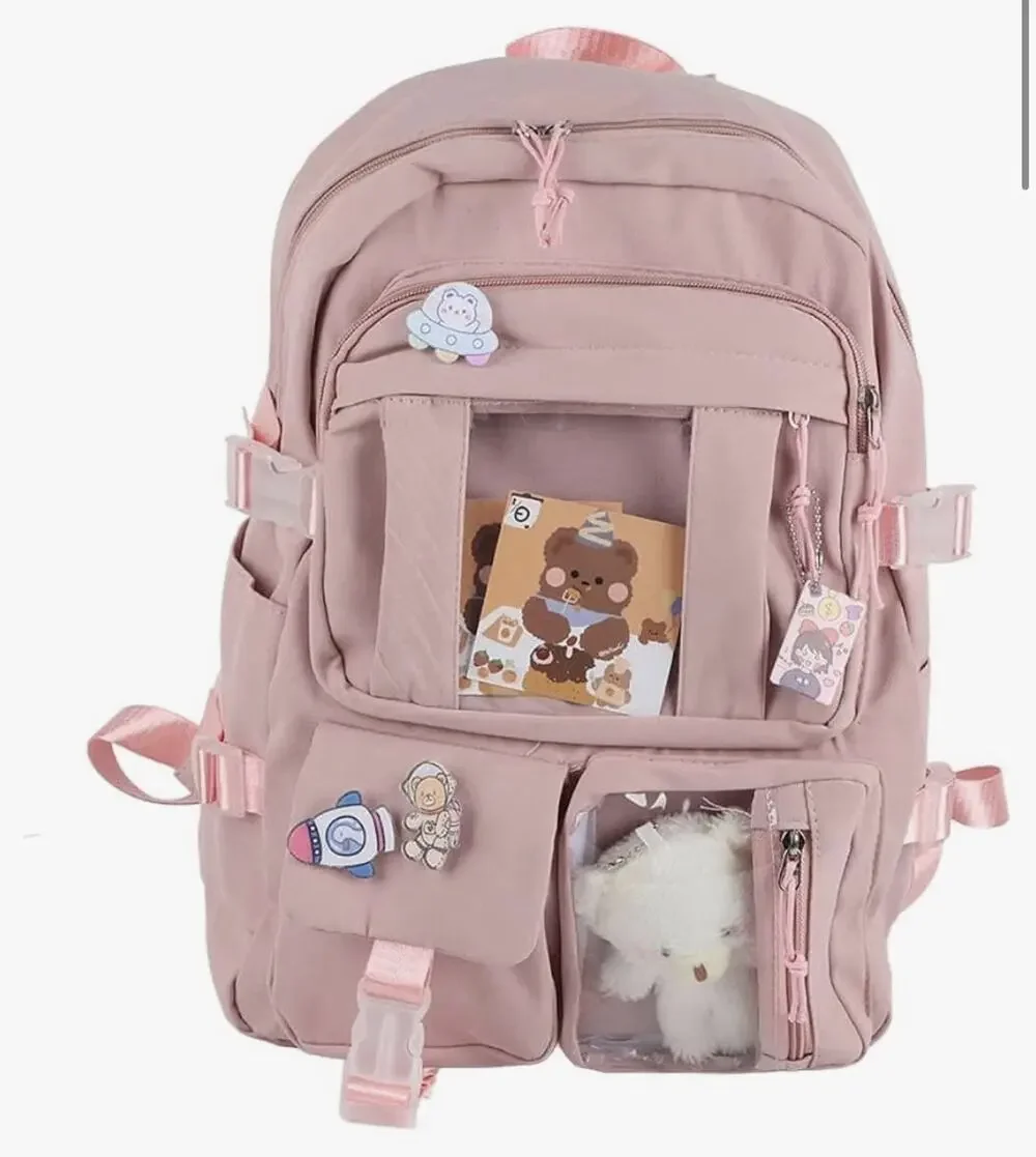 Pink Kids Backpack w/ Laptop Compartment, Bear bag charm and pins included